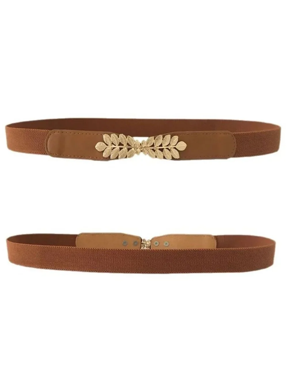 Elegant Elastic Belt With Gold Leaf Buckle Decoration Set of 3 - Black White & B